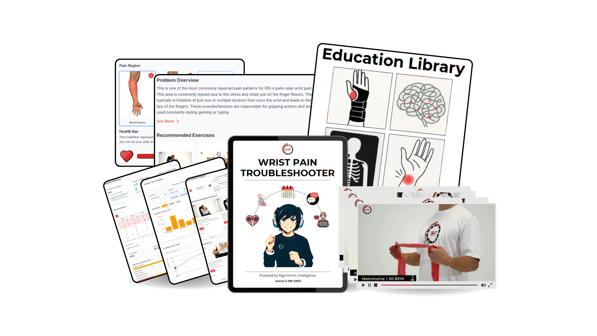 1HP Wrist Pain Troubleshooter App - Mobile screens showing pain assessment, education library, and exercise videos